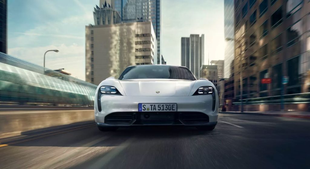 Porsche Taycan EV Electric Vehicle On The Road Front End
